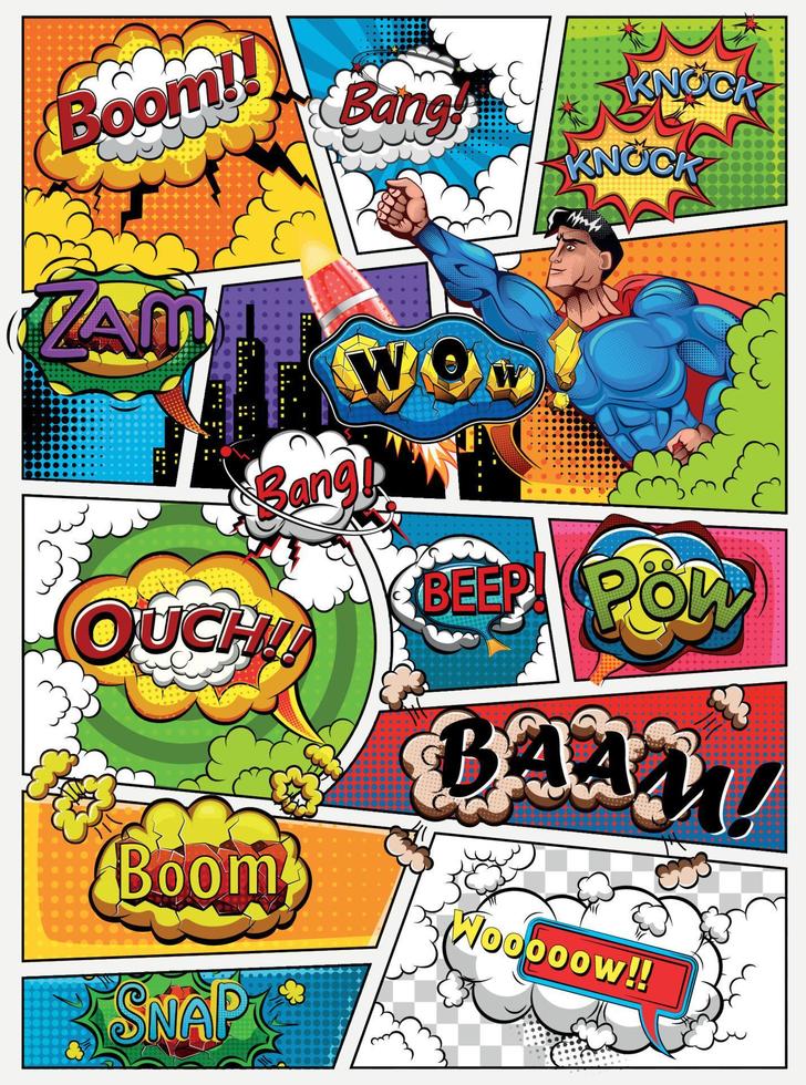 Comic book page divided by lines with speech bubbles, rocket, superhero and sounds effect. Retro background mock-up. Comics template. Vector illustration