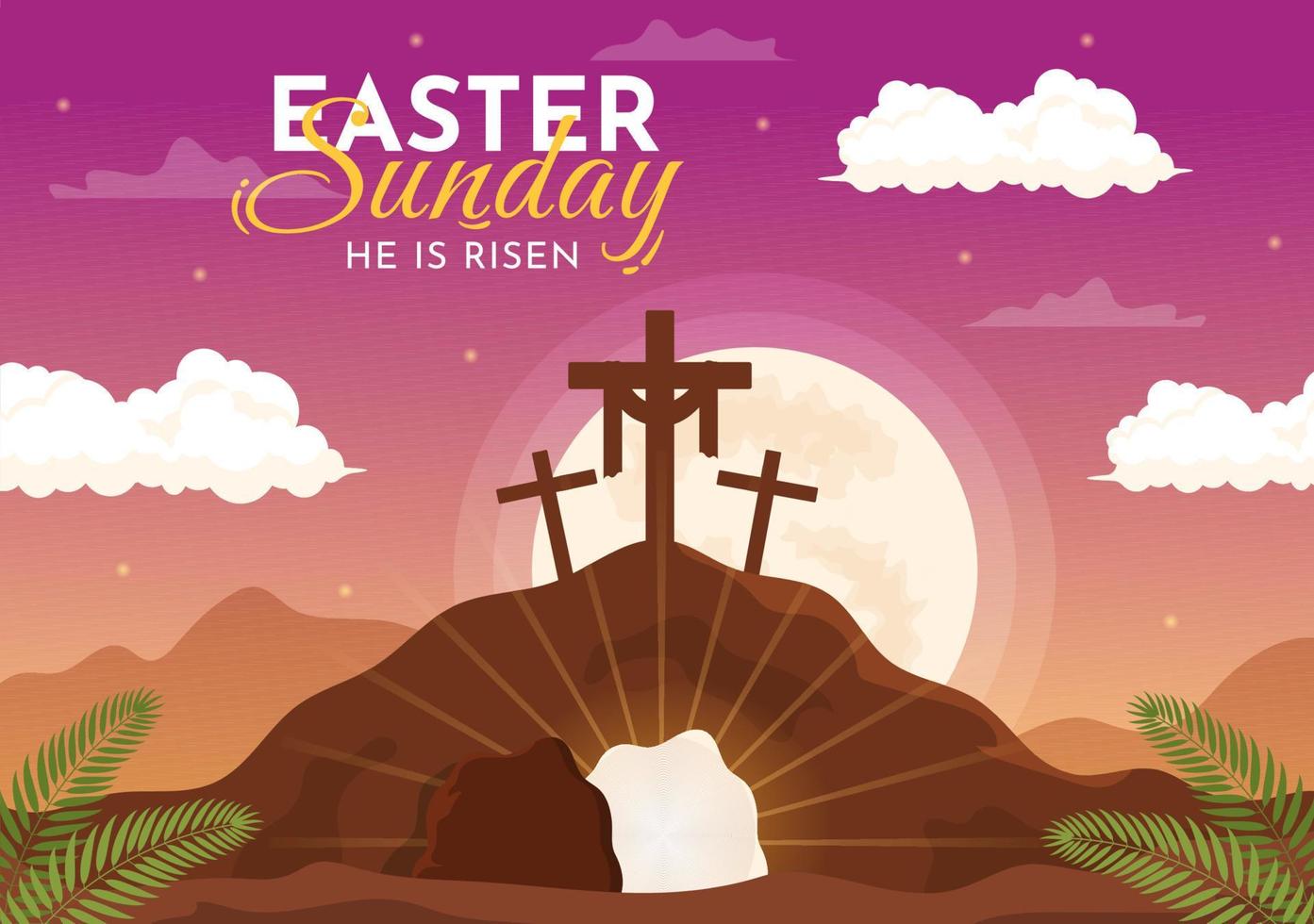 Happy Easter Sunday Day Illustration with Jesus, He is Risen and Celebration of Resurrection for Web Banner or Landing Page in Hand Drawn Templates vector