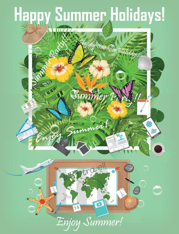 Summer background with tropical plants and flowers. Travel infographic. Preparation for the trip vector illustration