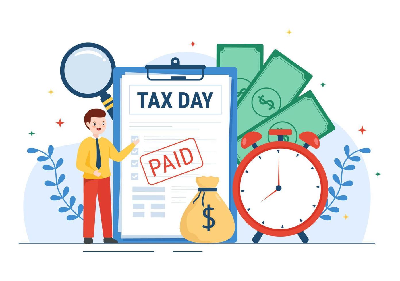 Tax Day Illustration with Clipboard Form, Clock, Calendar and Coins Money for Web Banner or Landing Page in Flat Cartoon Hand Drawn Templates vector