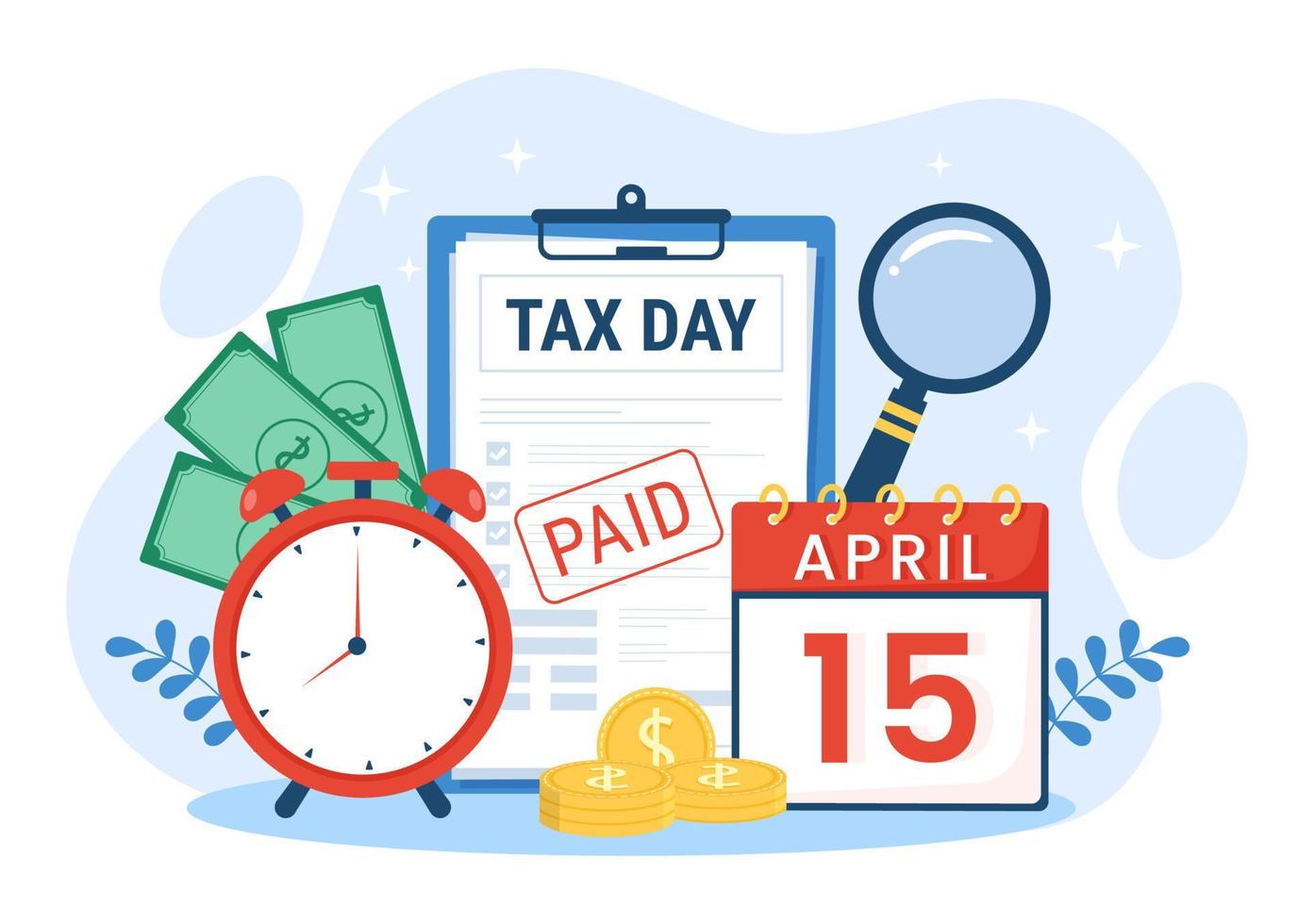 Tax Day Illustration with Clipboard Form, Clock, Calendar and Coins Money for Web Banner or Landing Page in Flat Cartoon Hand Drawn Templates vector