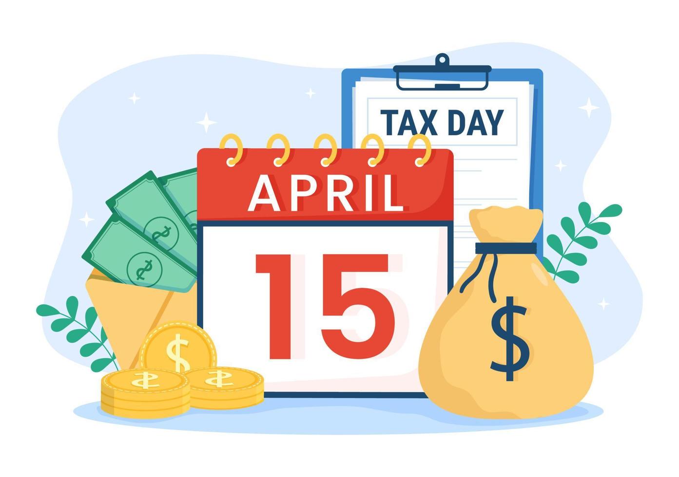 Tax Day Illustration with Clipboard Form, Clock, Calendar and Coins Money for Web Banner or Landing Page in Flat Cartoon Hand Drawn Templates vector