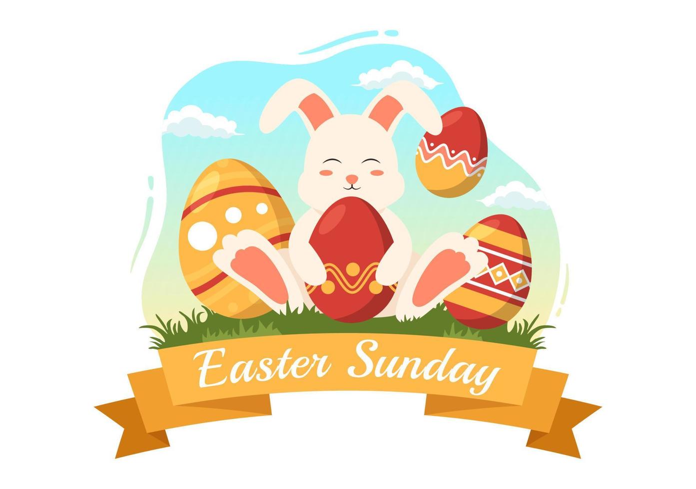 Happy Easter Sunday Day Illustration with Colorful Painted Eggs and Cute Bunny for Web Banner or Landing Page in  Hand Drawn Templates vector