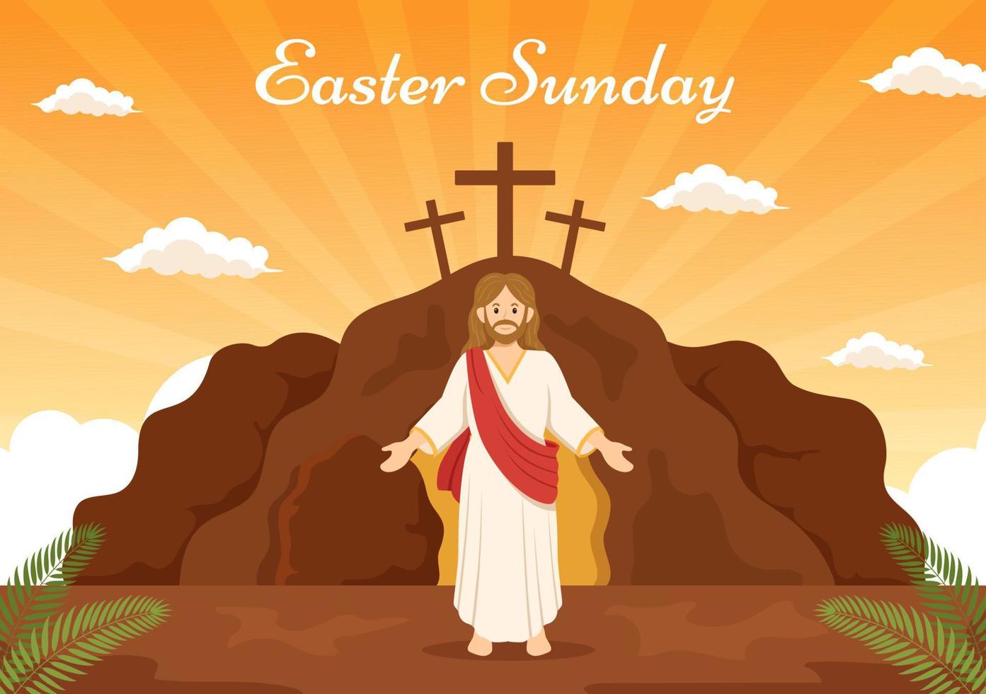 Happy Easter Sunday Day Illustration with Jesus, He is Risen and Celebration of Resurrection for Web Banner or Landing Page in Hand Drawn Templates vector