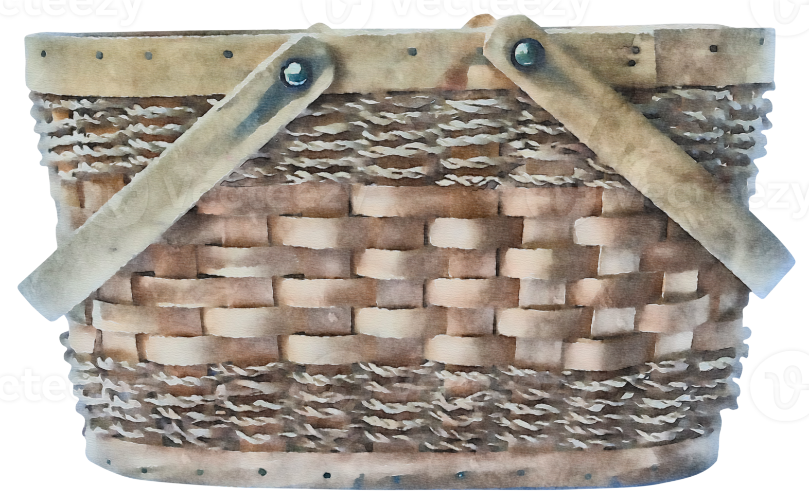 Empty vintage wooden basket with handles, watercolor illustration png