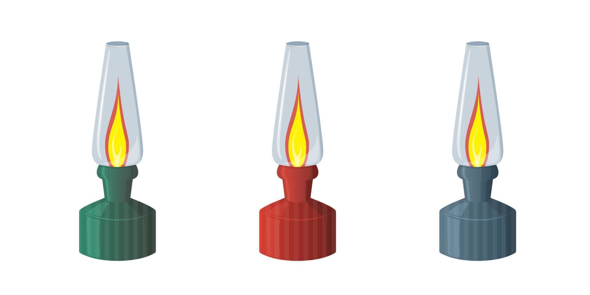 Set of kerosene lamps. Portable lamp for garden and camping insulated on white background. Close up vector illustration