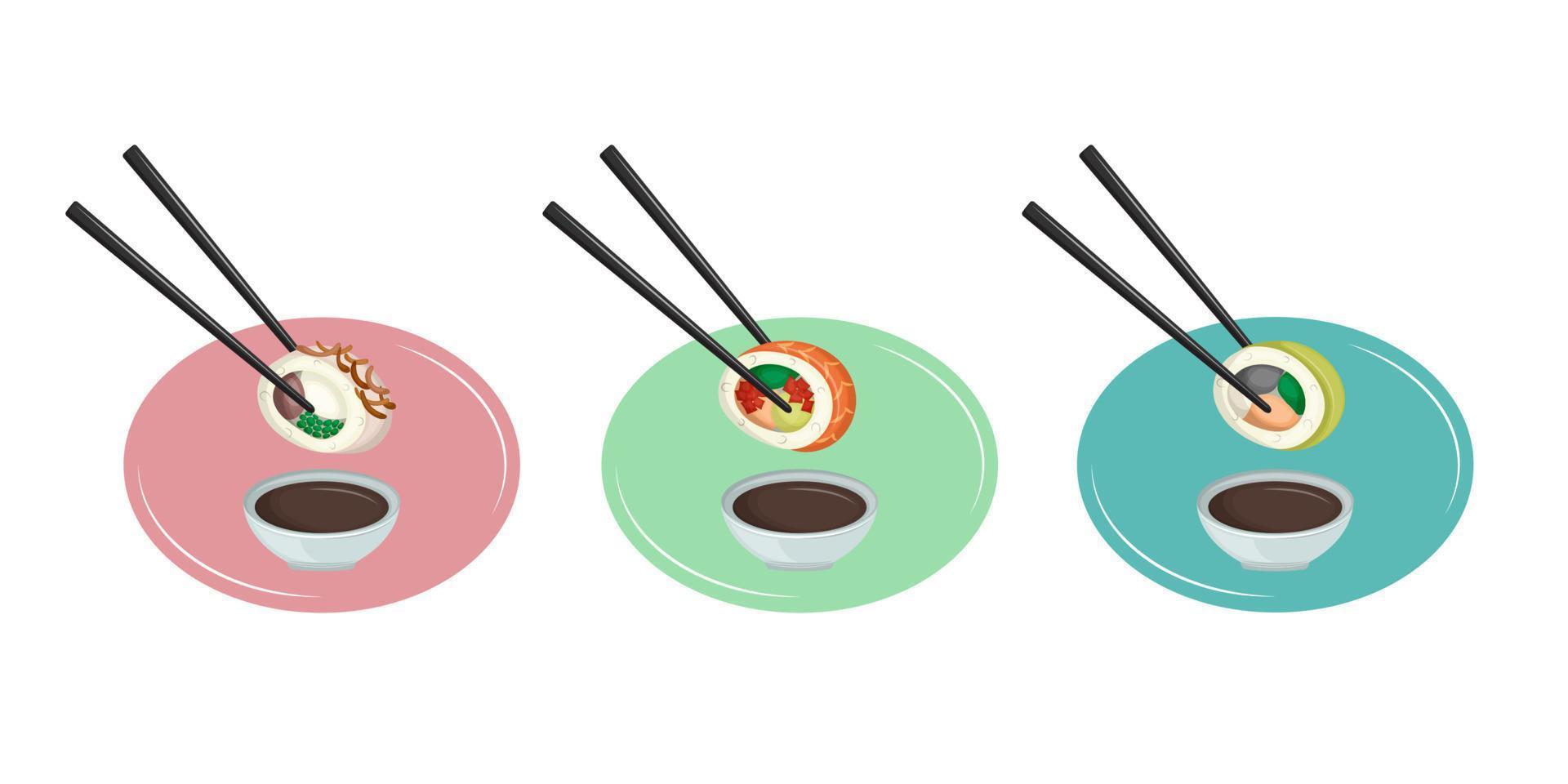 Set of delicious sushi with chopsticks and soy sauce. Japanese food restaurant concept. Traditional Asian cuisine. vector