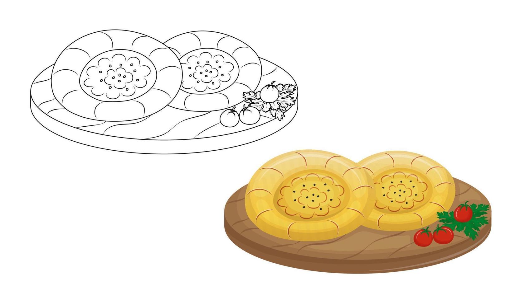 Traditional Central Asian bread baked in a tandoor. Kids coloring book for elementary school.Tandyr flatbread or samosa. Vector illustration.