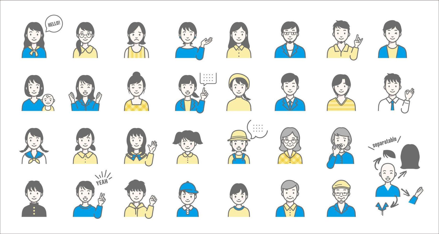 Set of various vector avatars, Simple illustration of male and female faces, separatable and changeable parts