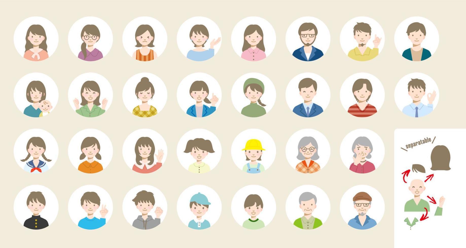 Set of various vector avatars, Simple illustration of male and female faces, separatable and changeable parts
