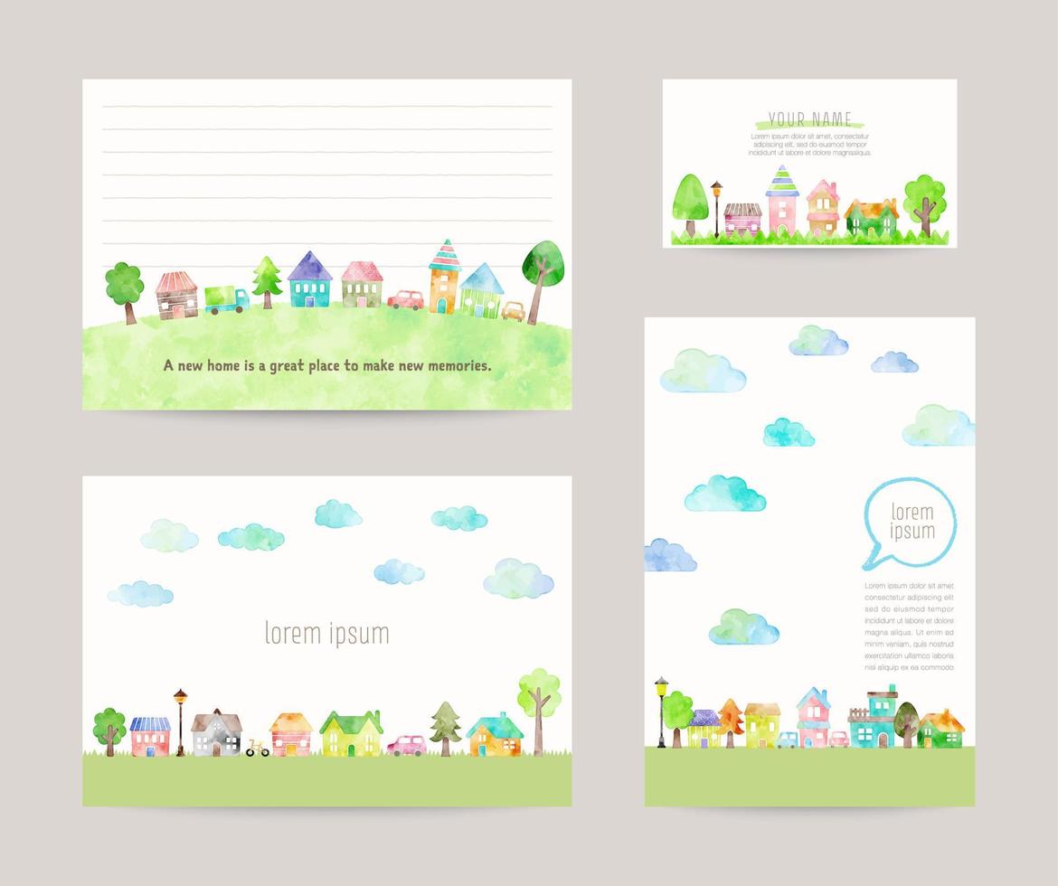 Set of cute vector house illustrations, templates for card, business card