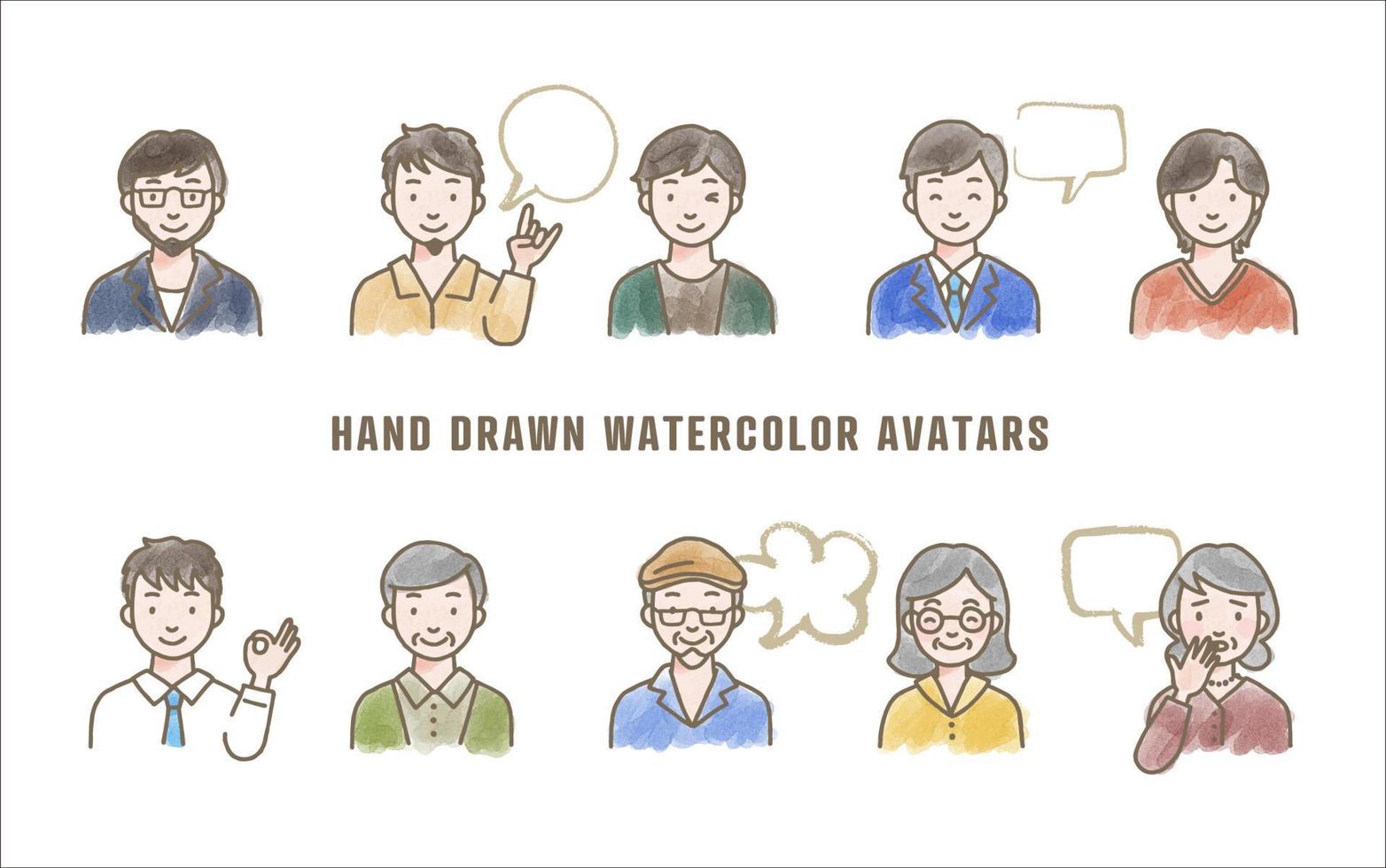 Set of various vector avatars, Simple watercolor hand drawn illustration of male and female face