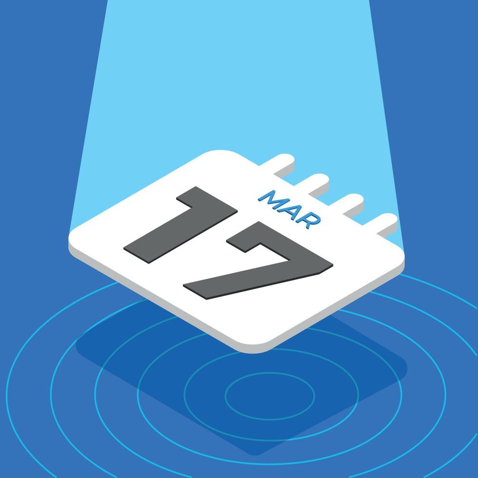 March 17 - 3D White calendar floating with spotlight on blue background vector