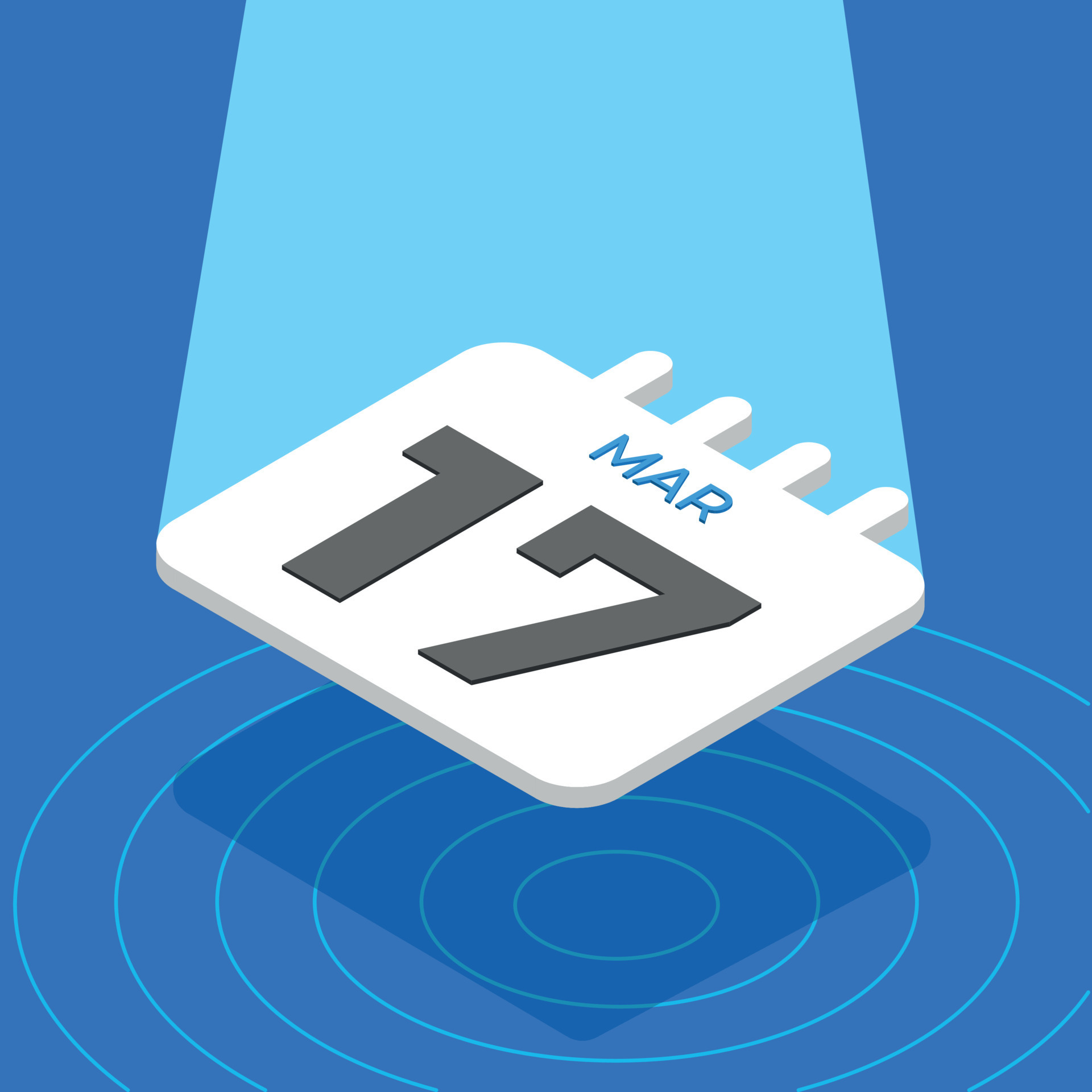 March 17 - 3D White calendar floating with spotlight on blue background