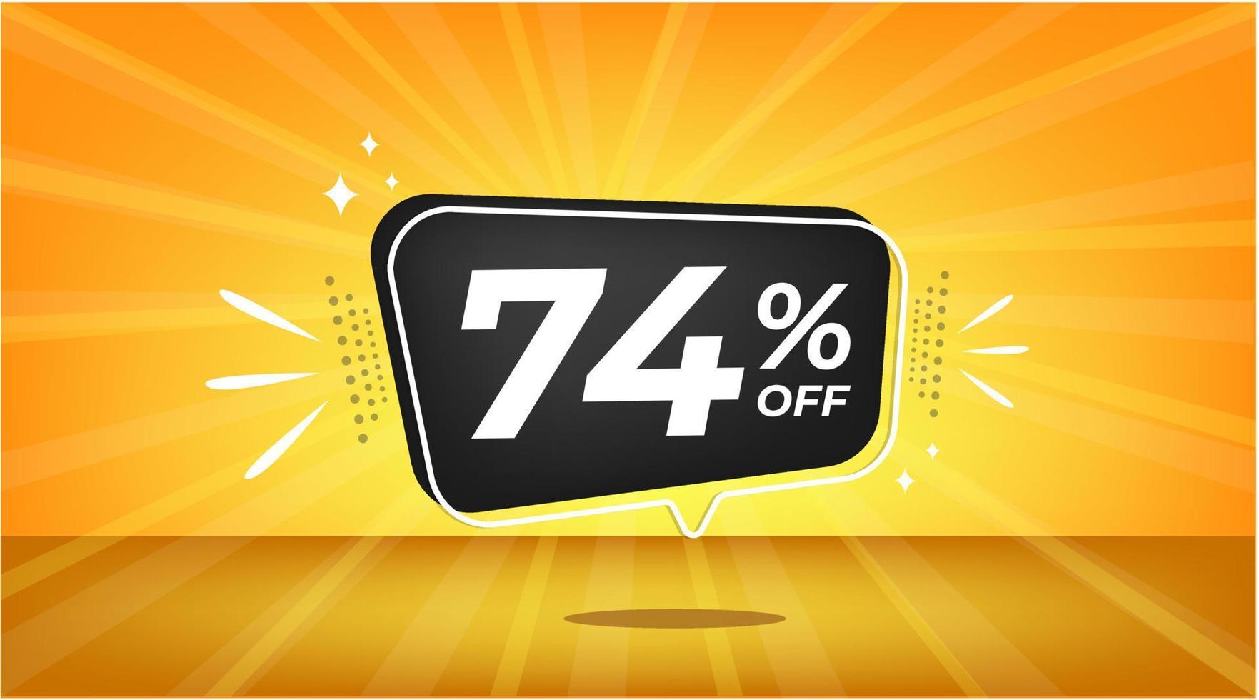 74 percent off. Yellow banner with seventy-four percent discount on a black balloon for mega big sales. vector