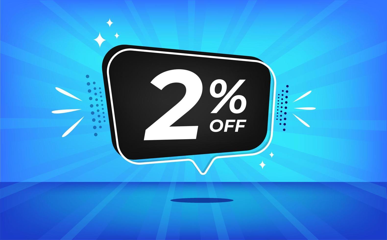 2 percent off. Blue banner with two percent discount on a black balloon for mega big sales. vector