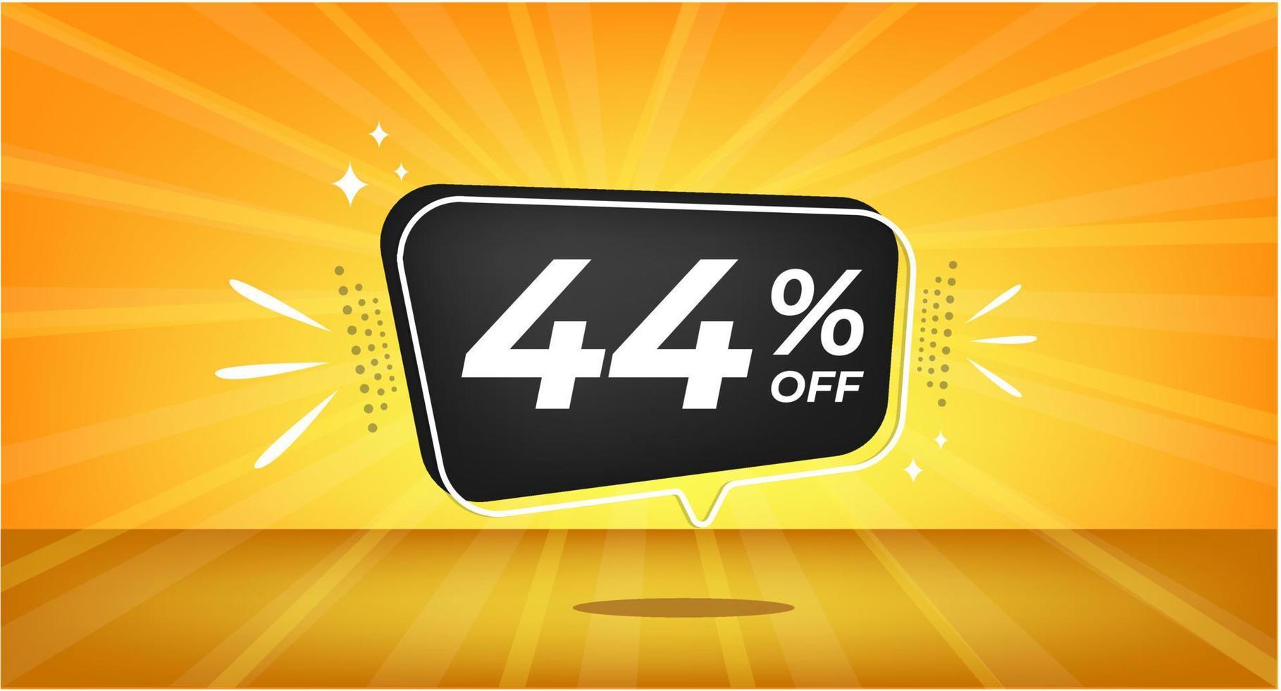 44 percent off. Yellow banner with forty-four percent discount on a black balloon for mega big sales. vector