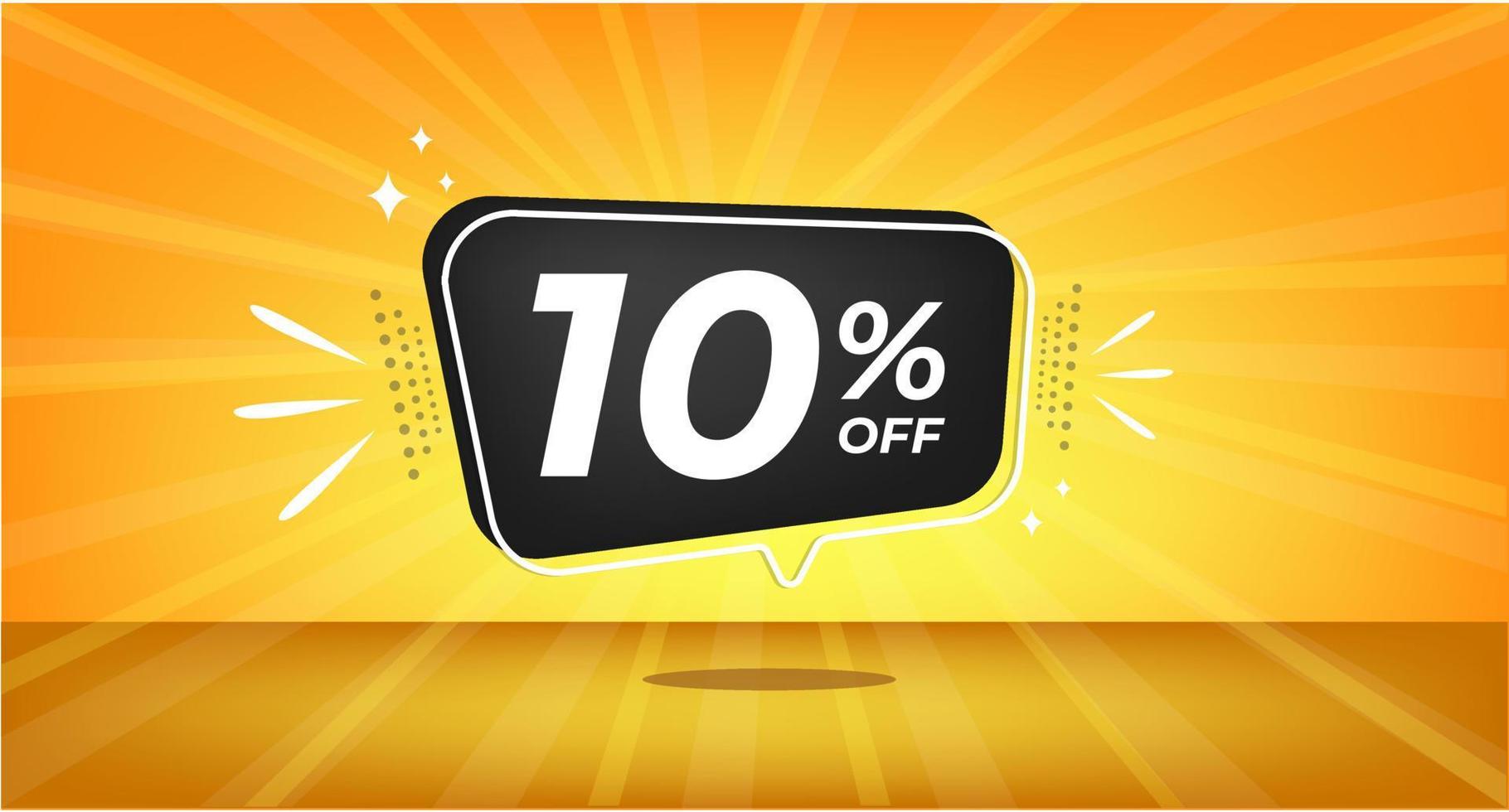 10 percent off. Yellow banner with ten percent discount on a black balloon for mega big sales. vector