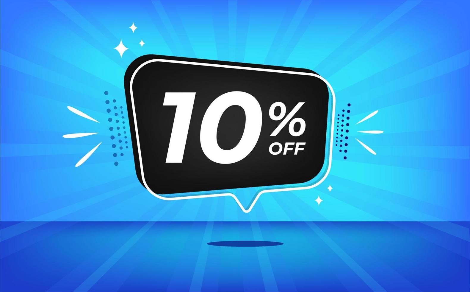 10 percent off. Blue banner with ten percent discount on a black balloon for mega big sales. vector