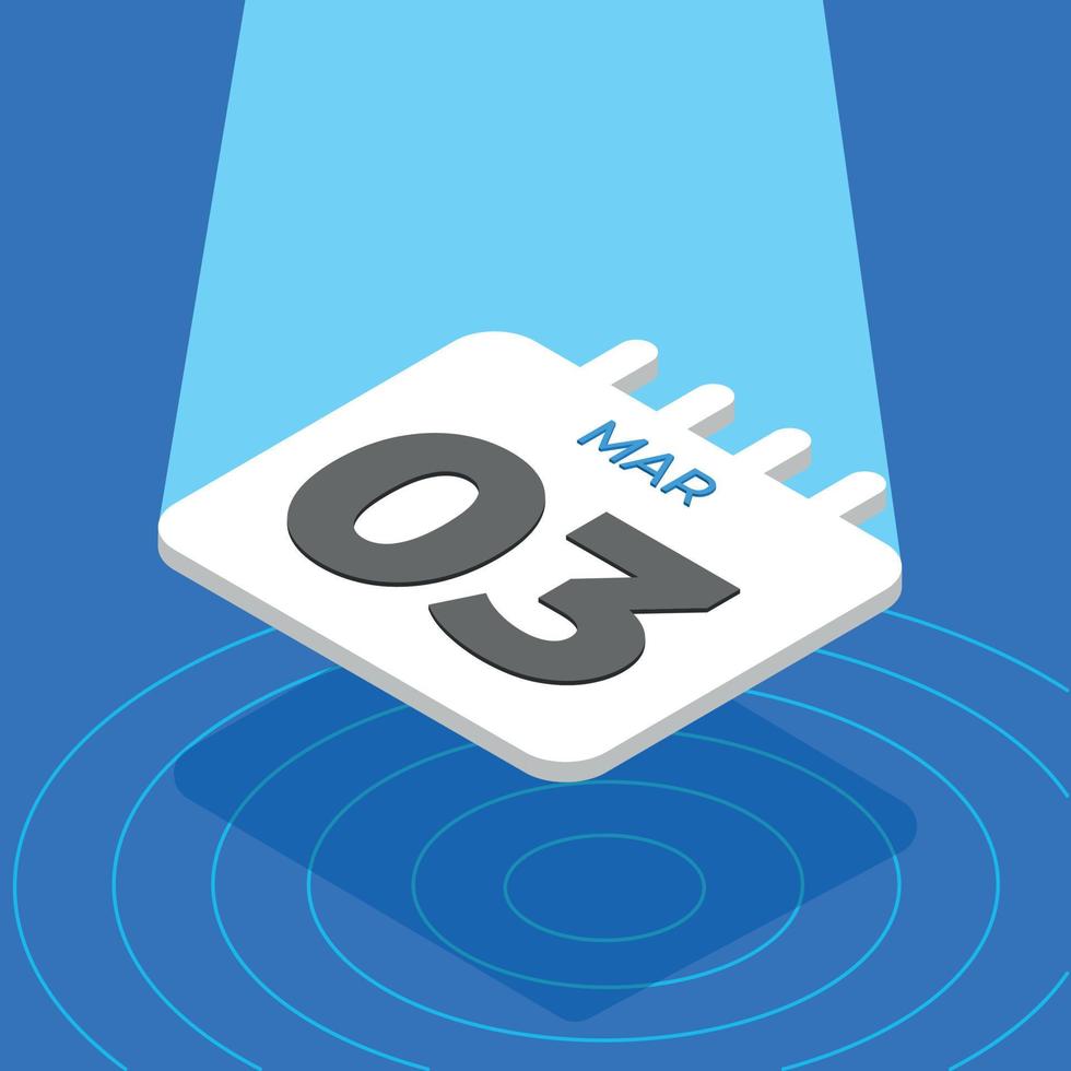 March 3 - 3D White calendar floating with spotlight on blue background vector