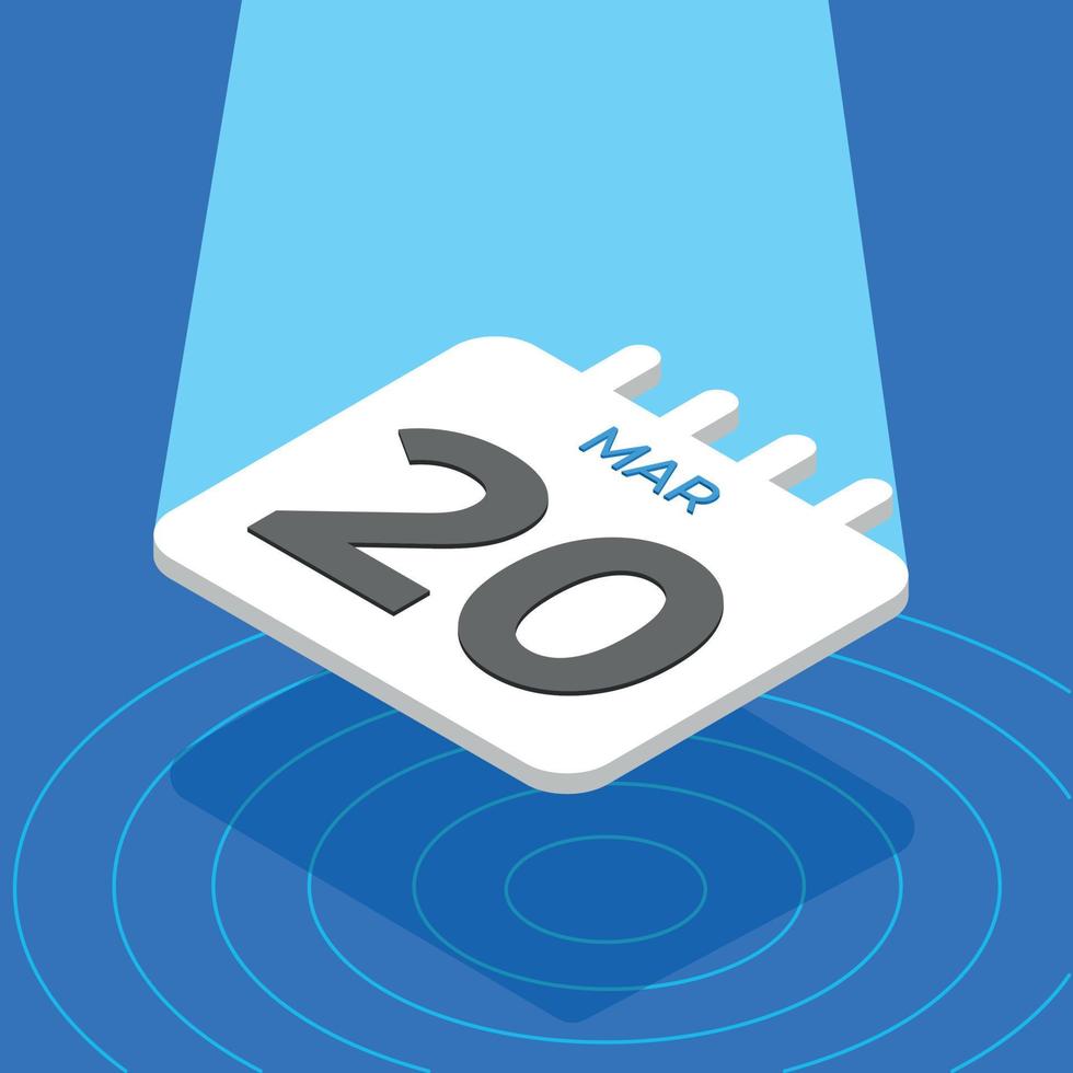 March 20 - 3D White calendar floating with spotlight on blue background vector