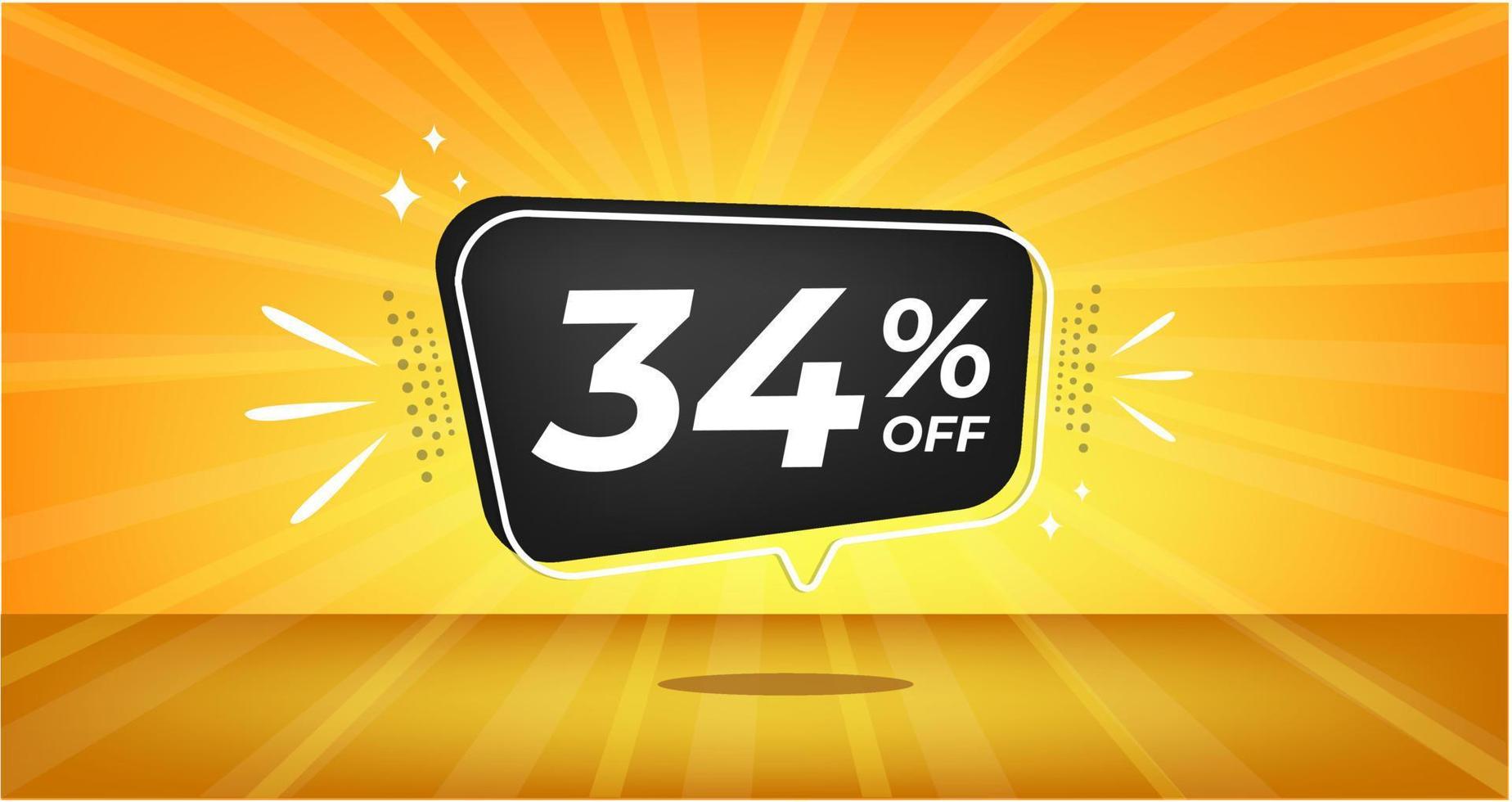 34 percent off. Yellow banner with thirty-four percent discount on a black balloon for mega big sales. vector