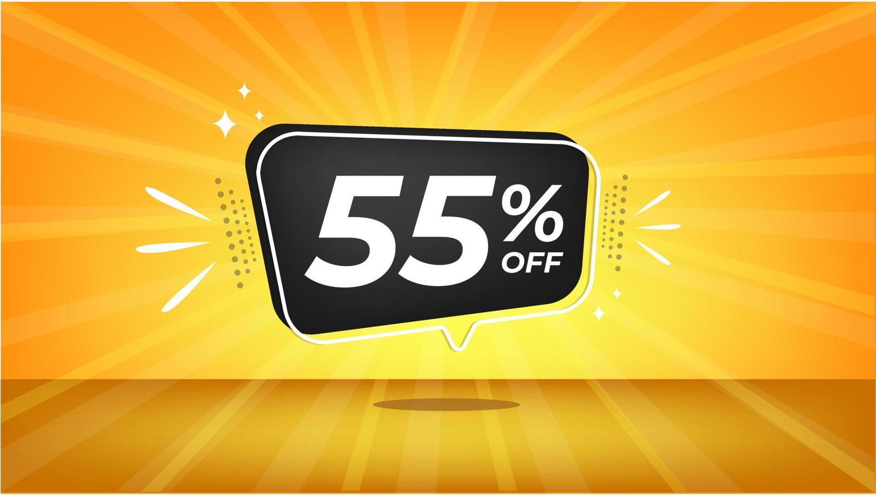 55 percent off. Yellow banner with fifty-five percent discount on a black balloon for mega big sales. vector