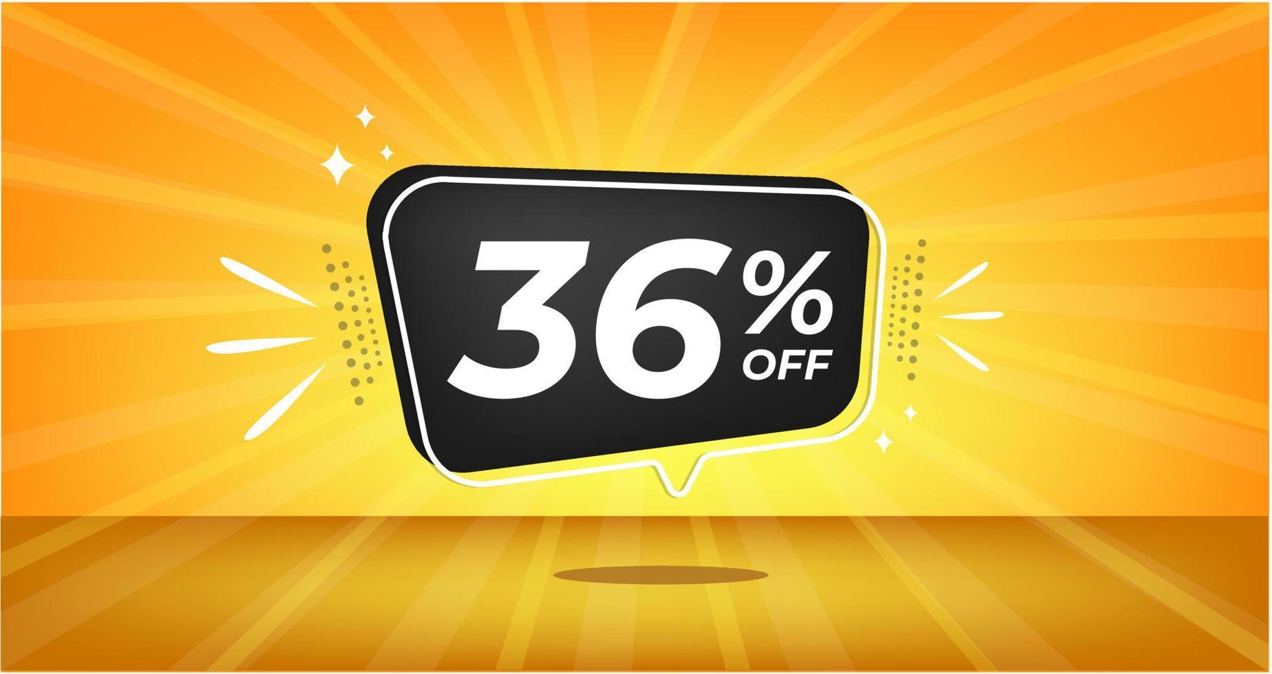 36 percent off. Yellow banner with thirty-six percent discount on a black balloon for mega big sales. vector