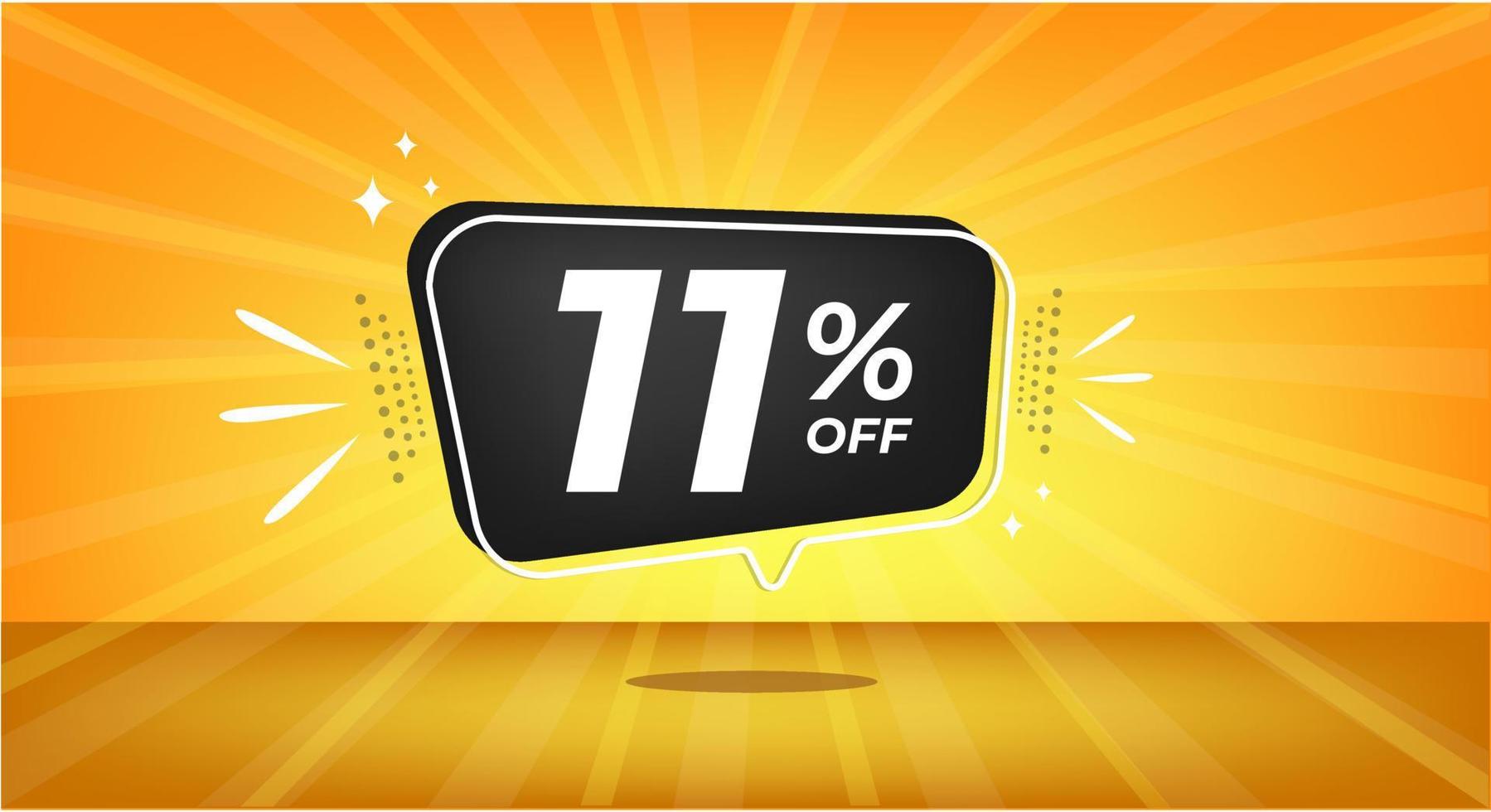 11 percent off. Yellow banner with eleven percent discount on a black balloon for mega big sales. vector