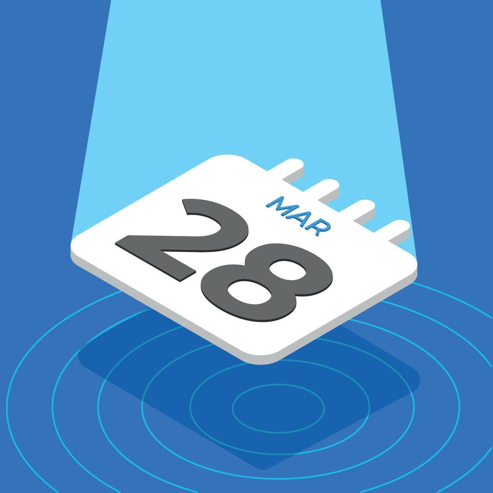 March 28 - 3D White calendar floating with spotlight on blue background vector