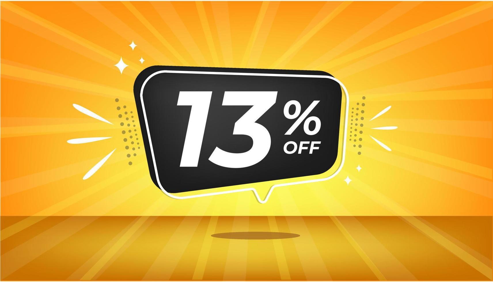 13 percent off. Yellow banner with thirteen percent discount on a black balloon for mega big sales. vector