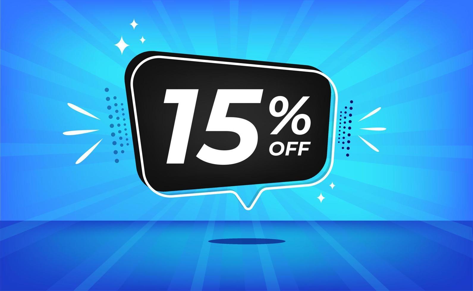 15 percent off. Blue banner with fifteen percent discount on a black balloon for mega big sales. vector