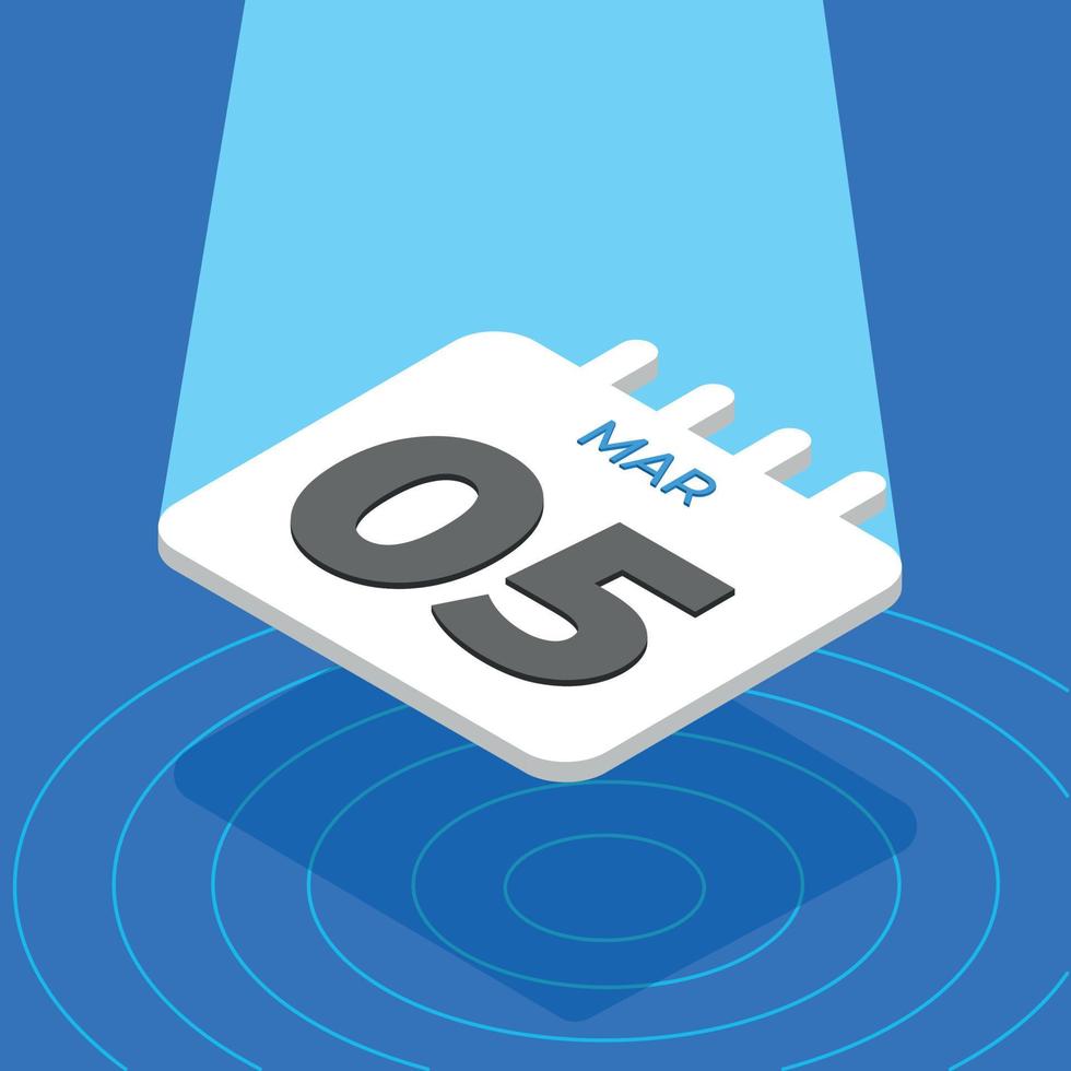 March 5 - 3D White calendar floating with spotlight on blue background vector