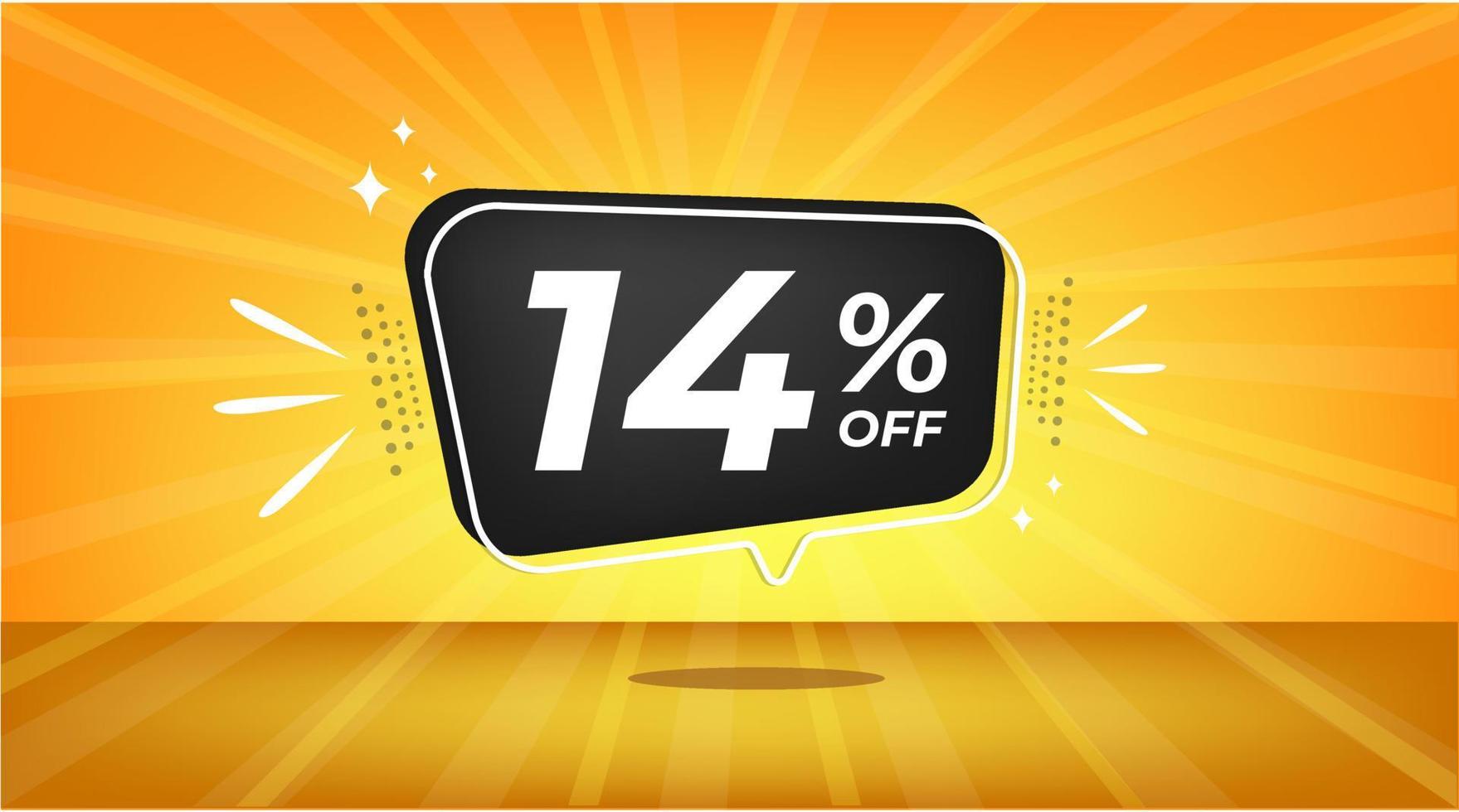 14 percent off. Yellow banner with fourteen percent discount on a black balloon for mega big sales. vector