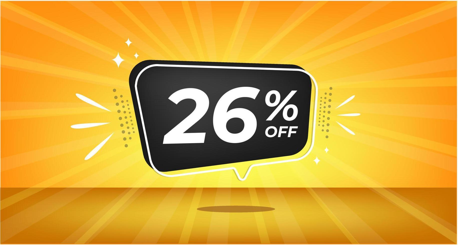 26 percent off. Yellow banner with twenty-six percent discount on a black balloon for mega big sales. vector