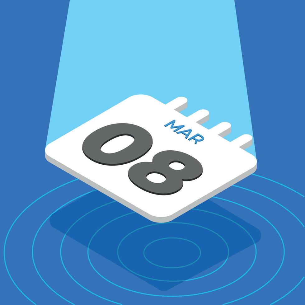 March 8 - 3D White calendar floating with spotlight on blue background vector