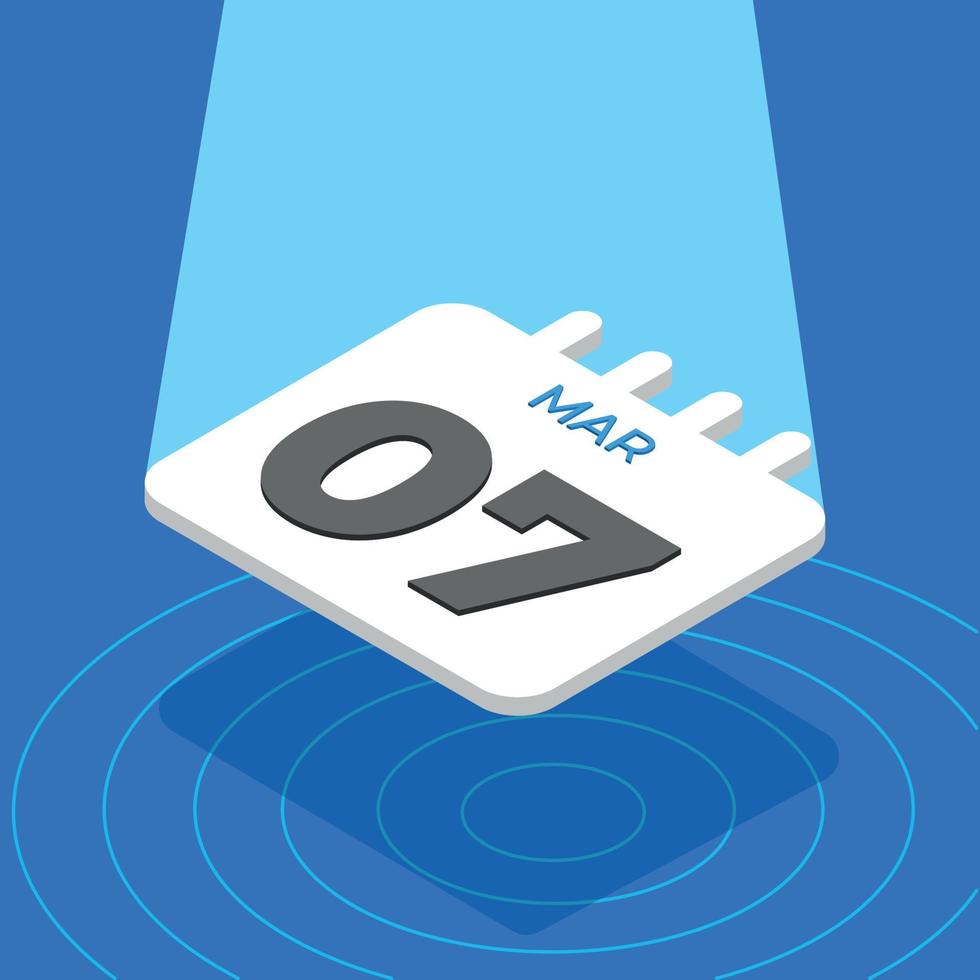 March 7 - 3D White calendar floating with spotlight on blue background vector
