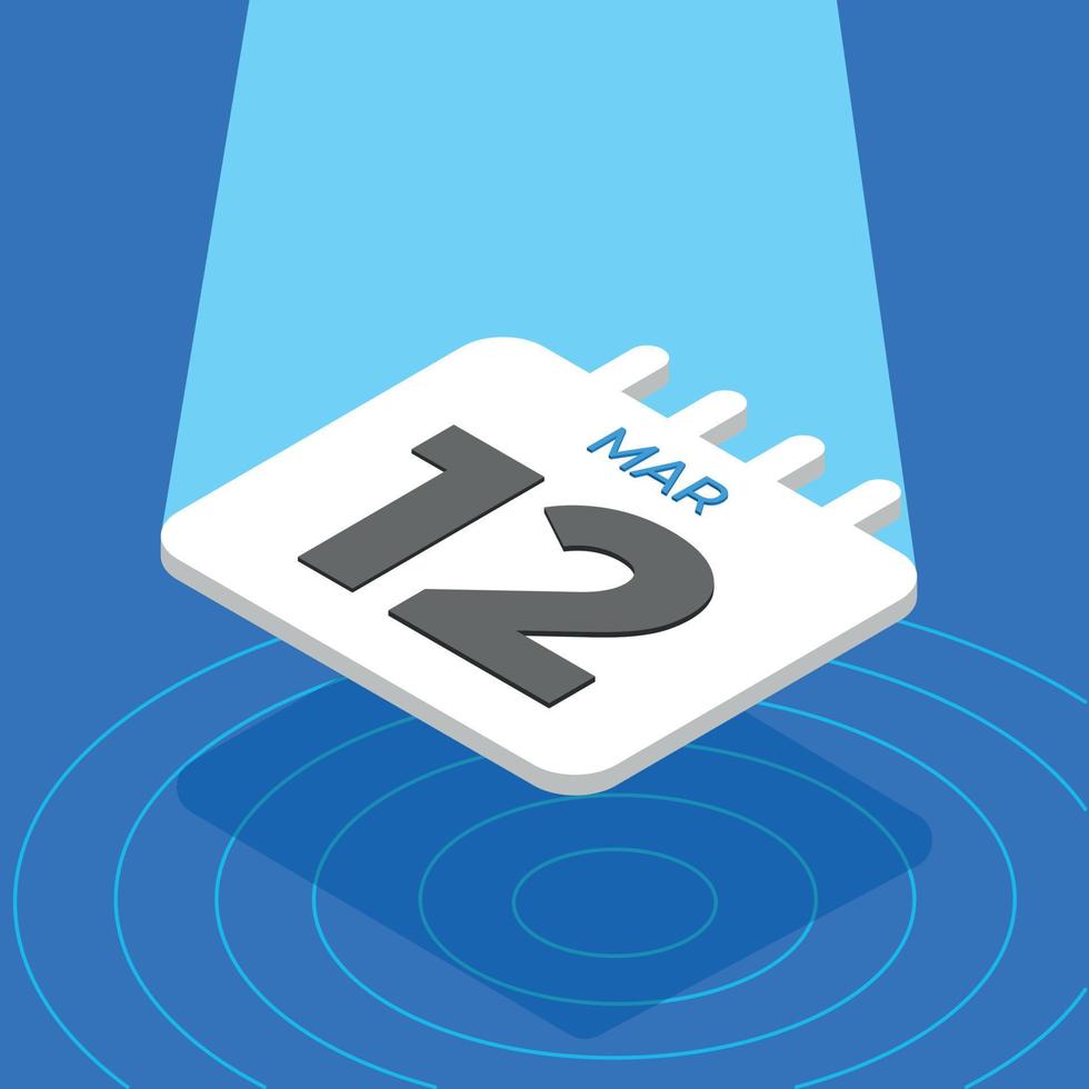March 12 - 3D White calendar floating with spotlight on blue background vector