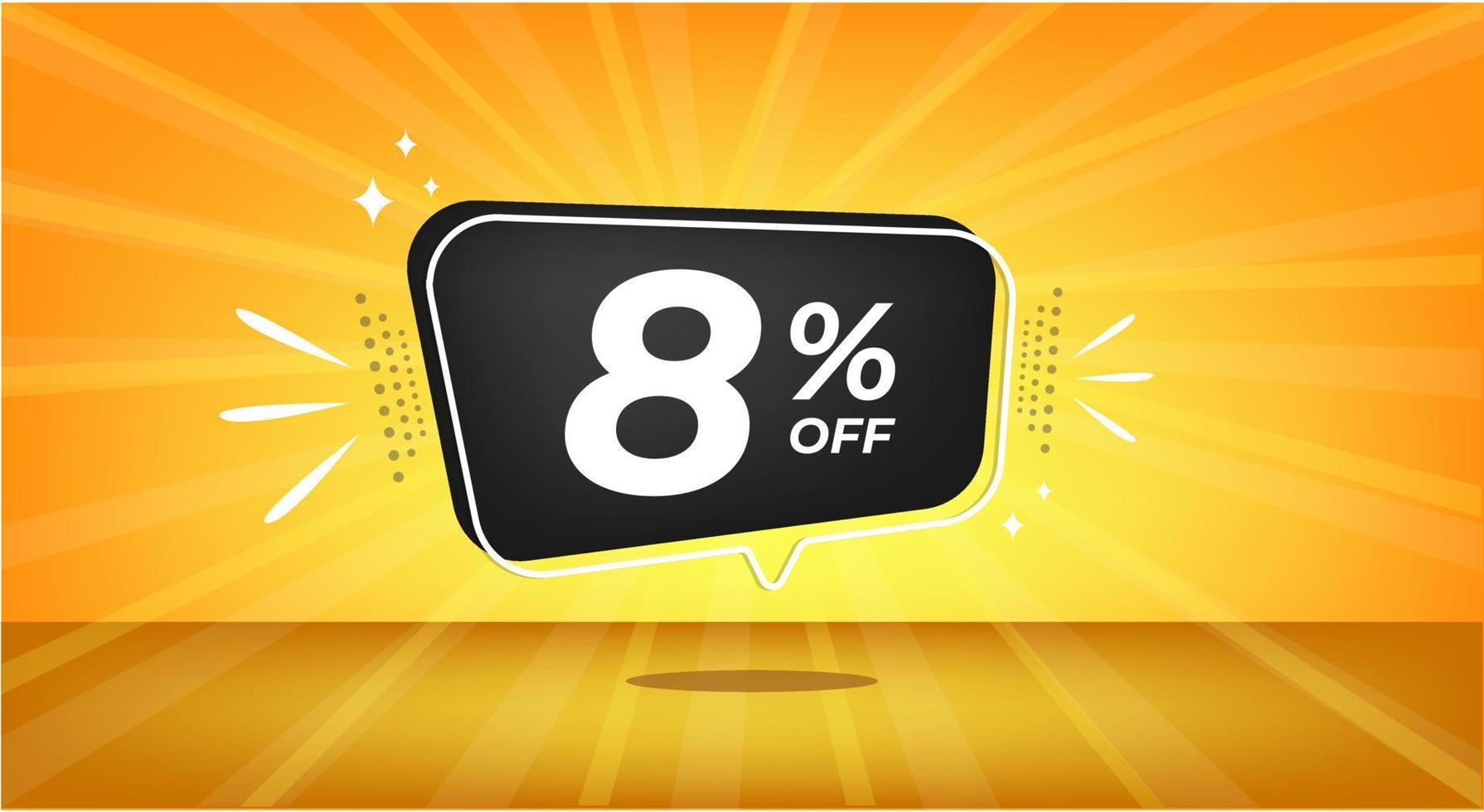 8 percent off. Yellow banner with eight percent discount on a black balloon for mega big sales. vector