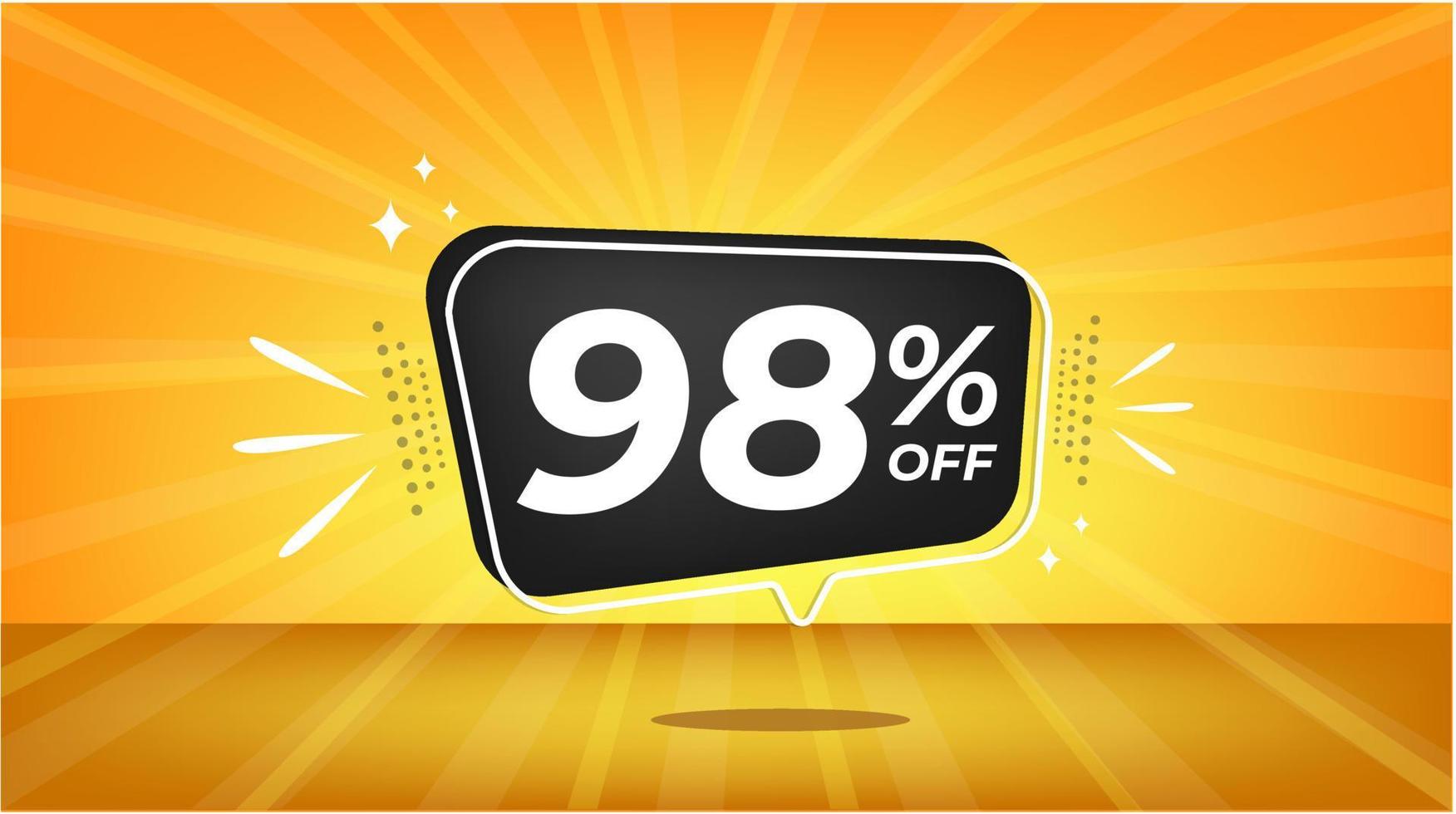 98 percent off. Yellow banner with ninety-eight percent discount on a black balloon for mega big sales vector