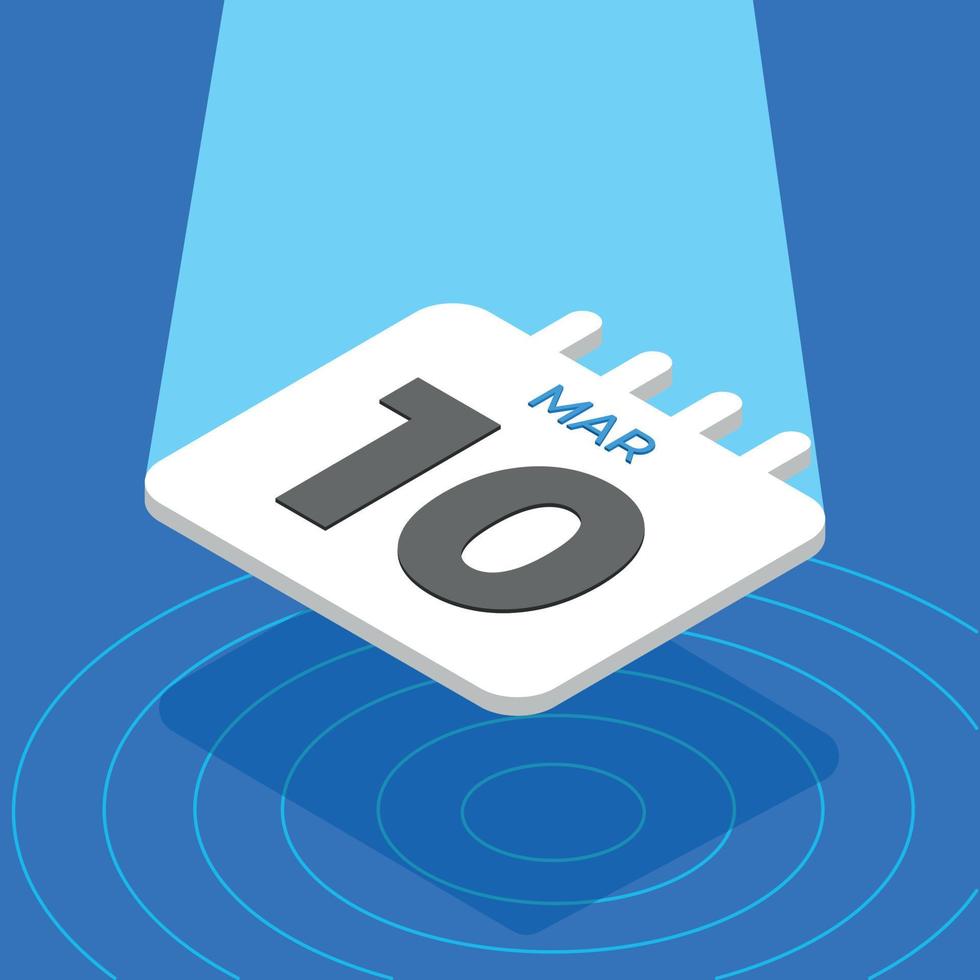 March 10 - 3D White calendar floating with spotlight on blue background vector