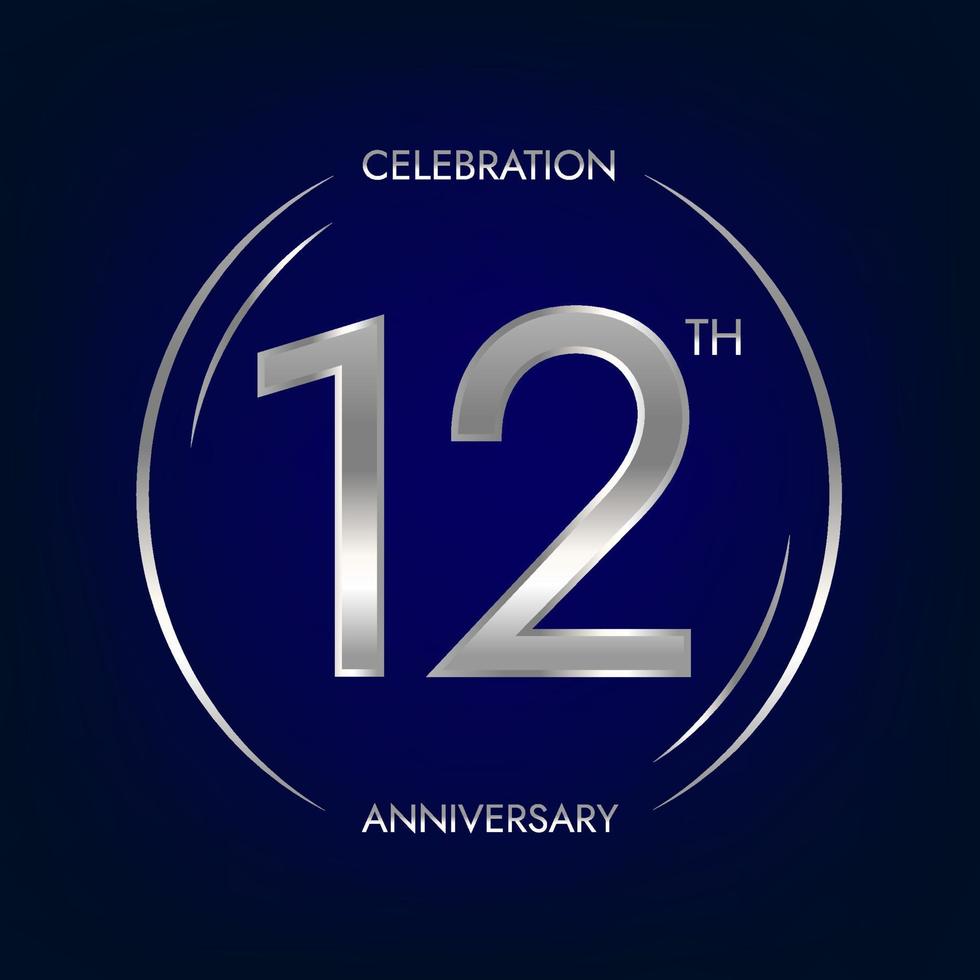 12th anniversary. Twelve years birthday celebration banner in silver color. Circular logo with elegant number design. vector
