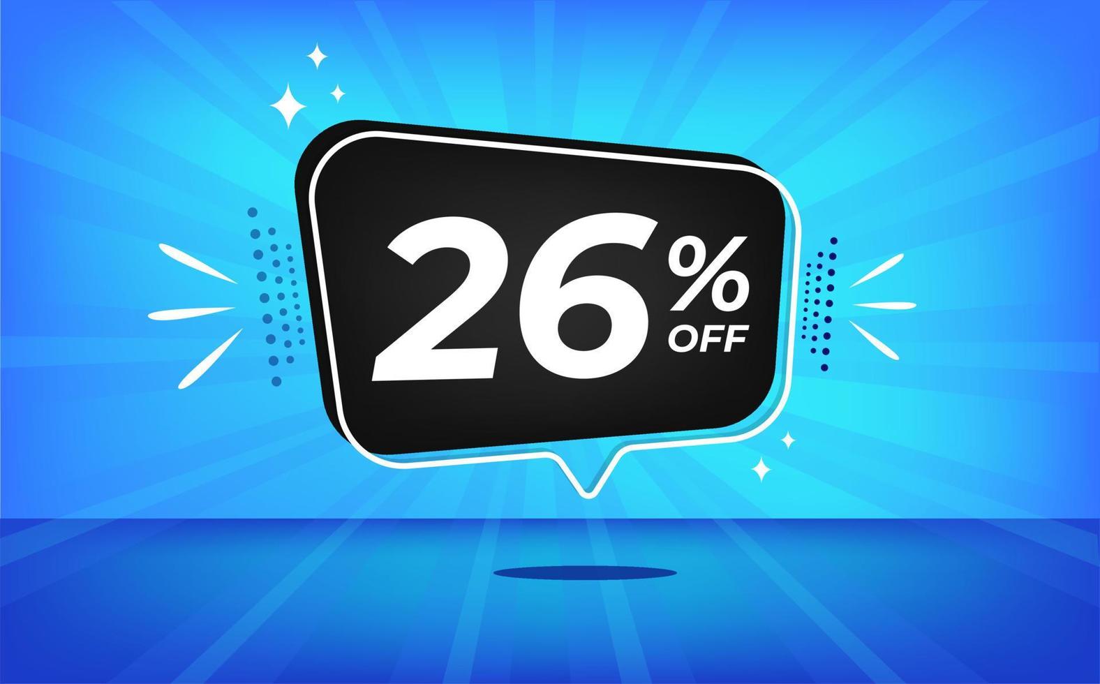 26 percent off. Blue banner with twenty-six percent discount on a black balloon for mega big sales. vector