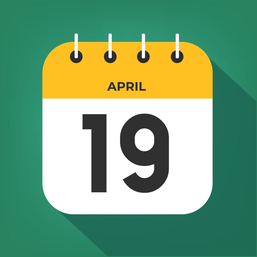 April day 19. Number nineteen on a white paper with yellow color border on a green background vector. vector
