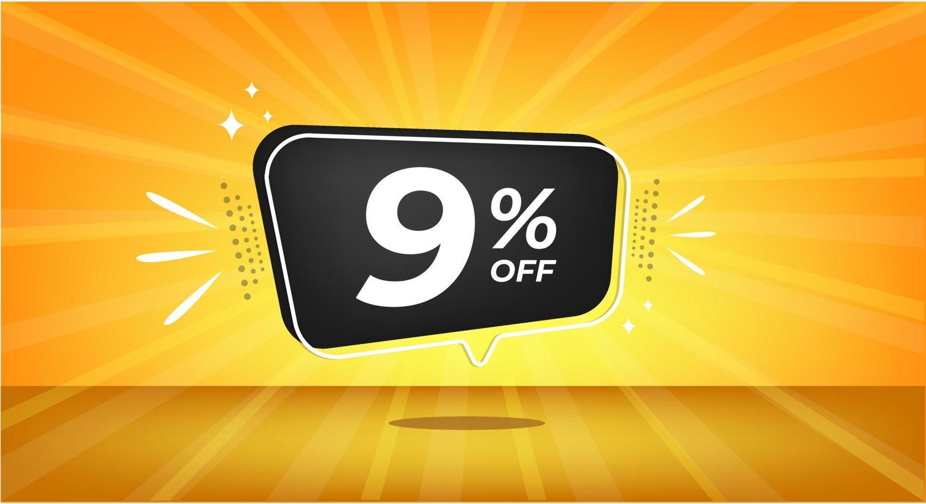 9 percent off. Yellow banner with nine percent discount on a black balloon for mega big sales. vector