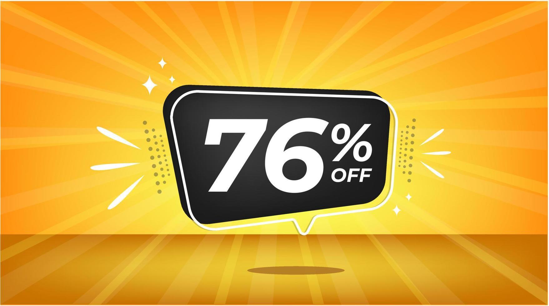 76 percent off. Yellow banner with seventy-six percent discount on a black balloon for mega big sales. vector