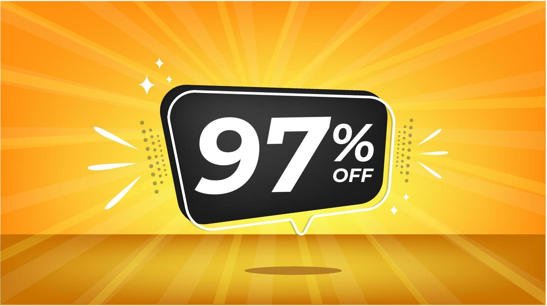 97 percent off. Yellow banner with ninety-seven percent discount on a black balloon for mega big sales vector