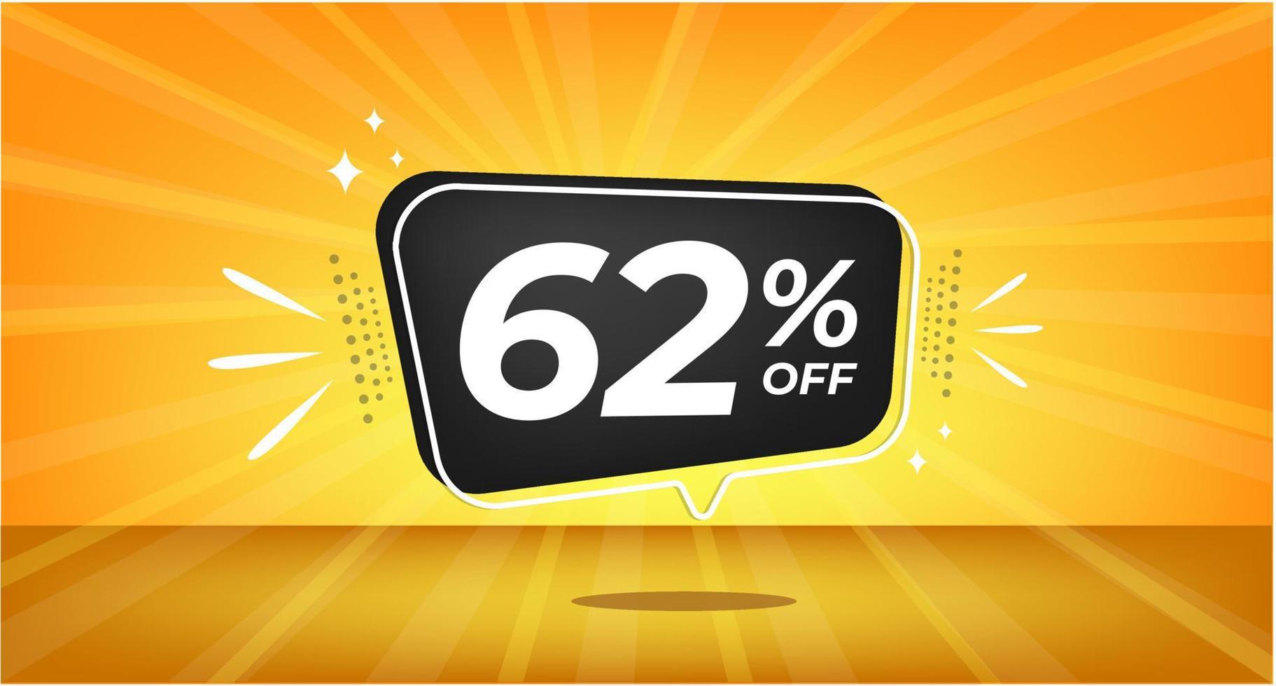 62 percent off. Yellow banner with sixty-two percent discount on a black balloon for mega big sales. vector