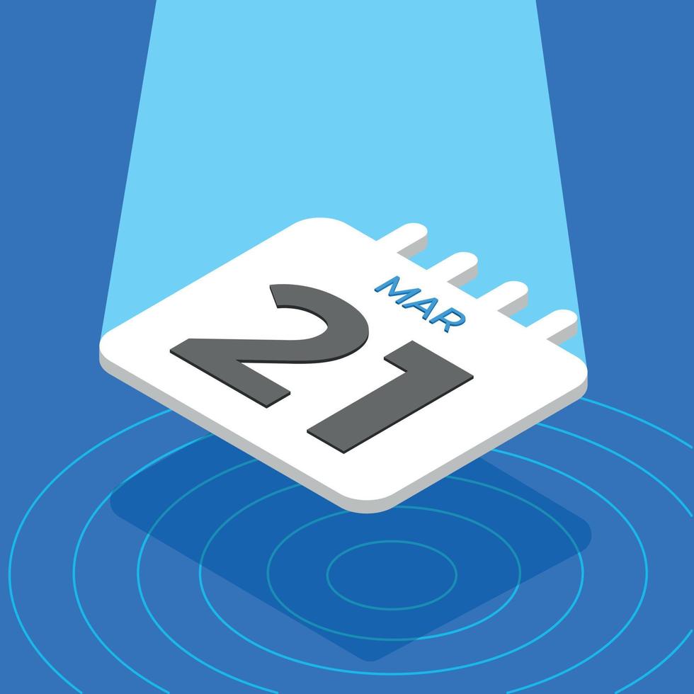 March 21 - 3D White calendar floating with spotlight on blue background vector