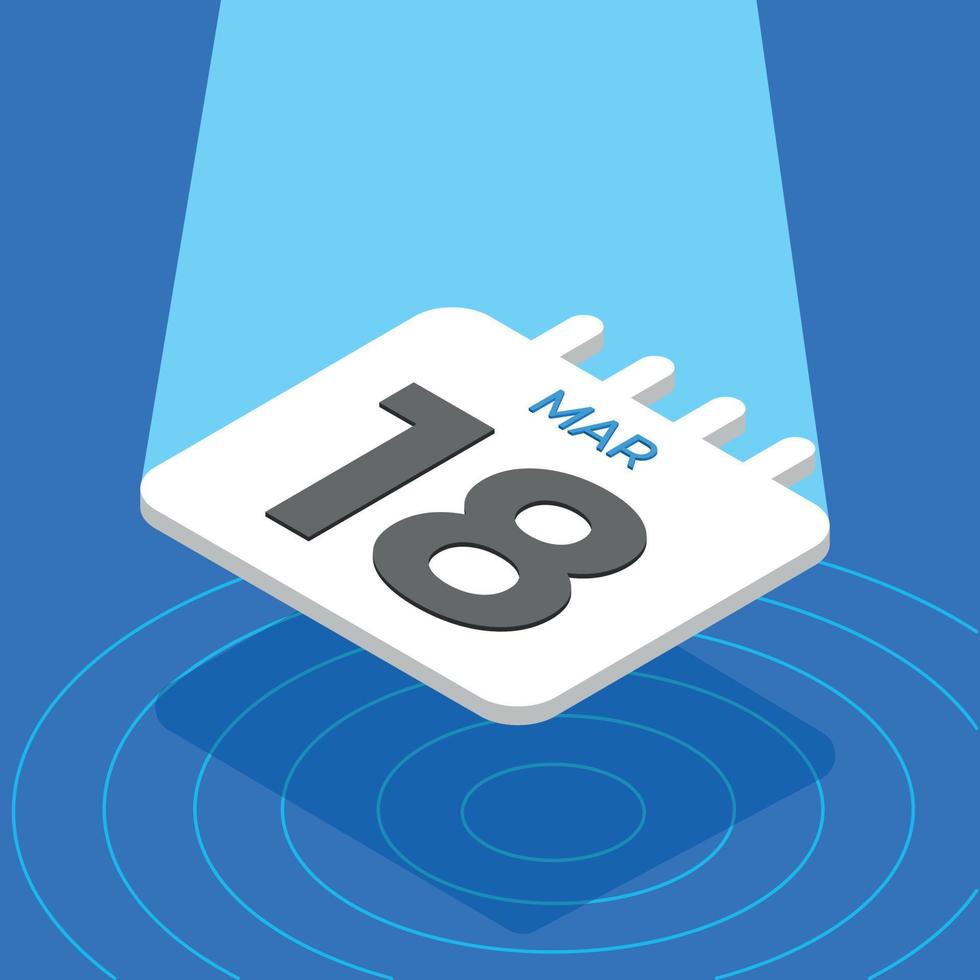 March 18 - 3D White calendar floating with spotlight on blue background vector